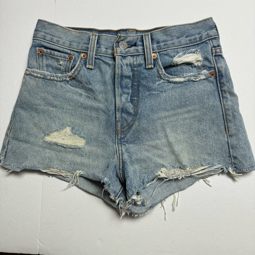 Levi's High Rise Distressed Button Fly Wedgie Fit Denim Shorts In Blue Size: 25